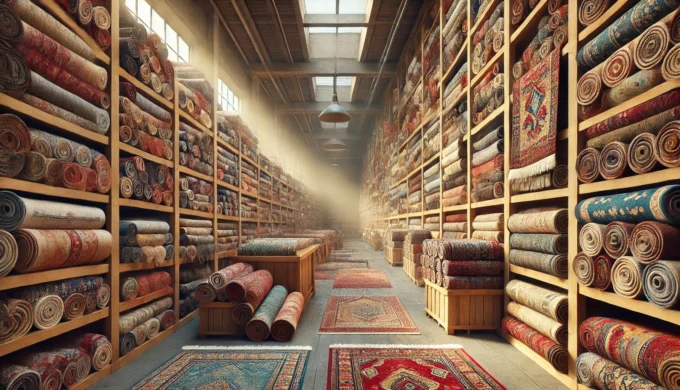 DALL·E 2024-12-16 20.59.01 – A realistic and detailed image of a warehouse filled with a large variety of stacked and rolled Moroccan rugs. The rugs feature vibrant colors, intric